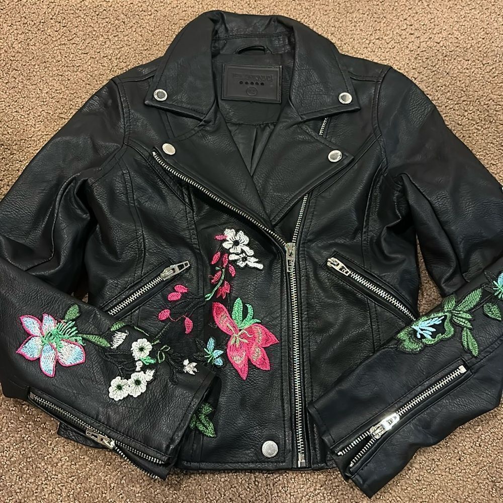 Blank NYC Faux Leather Motorcycle Jacket with Floral Patches - Size M